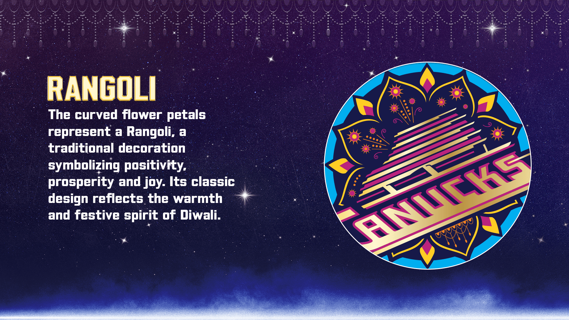 The curved flower petals represent a Rangoli, a traditional decoration symbolizing positivity.